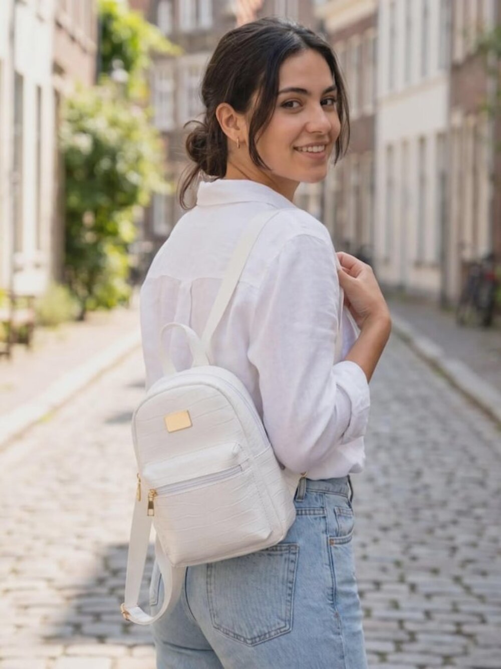 White Croco Embossed Mini Backpack - Faux Leather Sling Bag